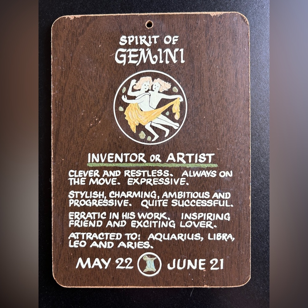 1970's Spirit of Gemini Wood Plaque Original May 22 - June 21